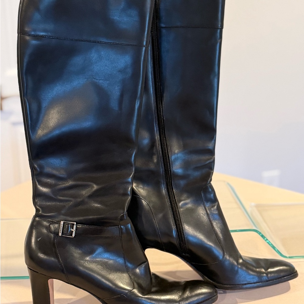 Ralph Lauren Black Leather Knee-High Heeled Boots size 10B Riding Jolee
